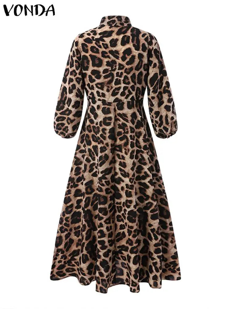 Summer Dress Bohemian Elegant Women Leopard Print Dress VONDA 2025 Long Lantern Sleeve Loose V Neck Casual Party Robe Femme