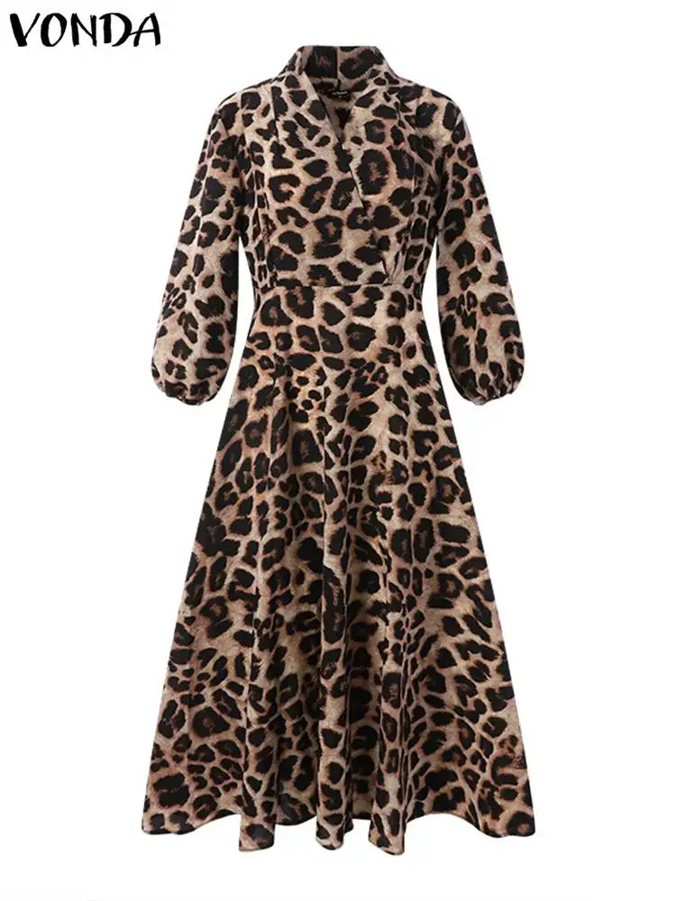 Summer Dress Bohemian Elegant Women Leopard Print Dress VONDA 2025 Long Lantern Sleeve Loose V Neck Casual Party Robe Femme