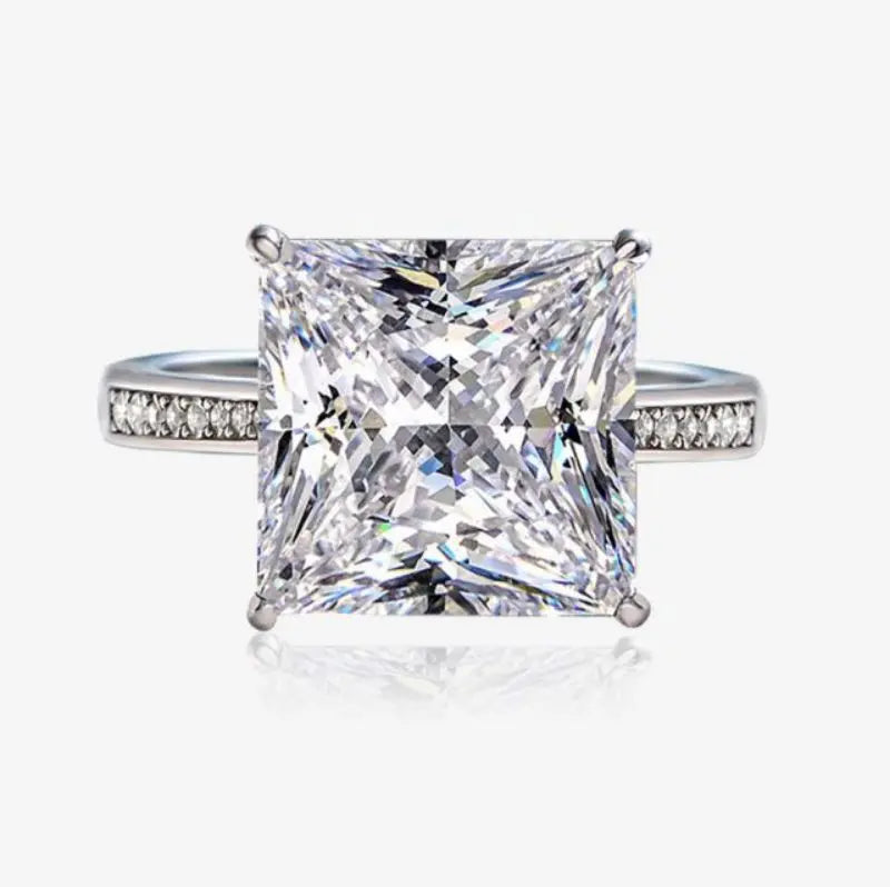 12*12mm White Gold Plated 925 Sterling Silver Zircon Princess Cut Solitaire Ring Fine Jewelry