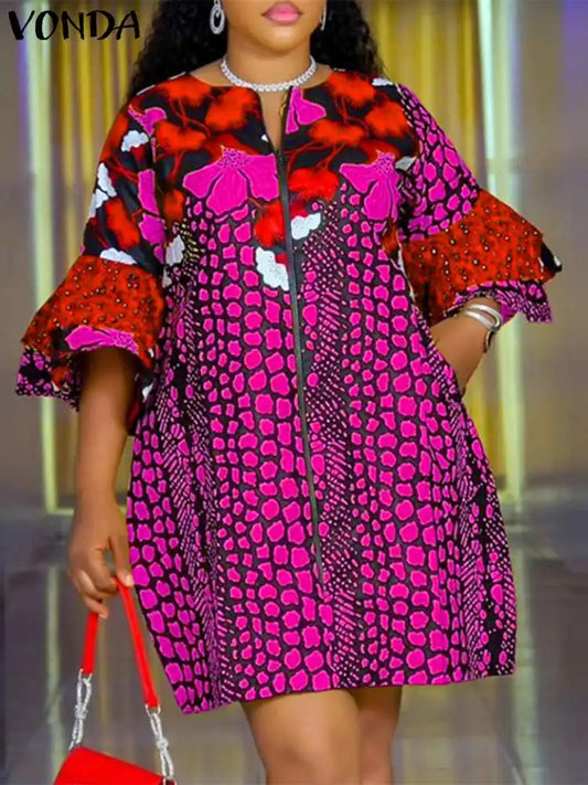 Plus Size 5XL VONDA Women Bohemian Printed Dress 2025 Vintage Short Dress Flare Sleeve Party Sundress Casual Vestido Robe Femme
