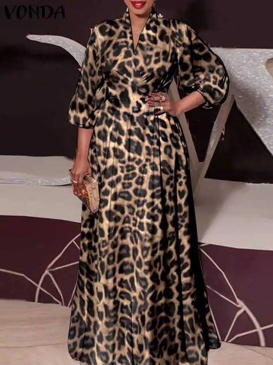 Summer Dress Bohemian Elegant Women Leopard Print Dress VONDA 2025 Long Lantern Sleeve Loose V Neck Casual Party Robe Femme