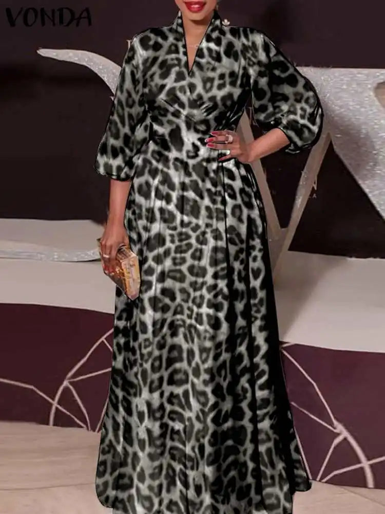 Summer Dress Bohemian Elegant Women Leopard Print Dress VONDA 2025 Long Lantern Sleeve Loose V Neck Casual Party Robe Femme