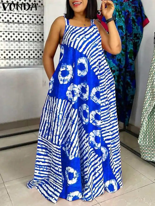 Maxi Long Dress Sexy Sleeveless Bohemian Printed Party Sundress 2024 VONDA Summer Tank Vestidos Beach Loose Casual Robe Oversize
