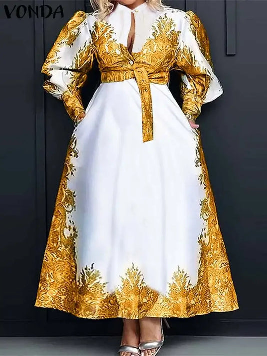 VONDA Plus Size 5XL Bohemian Women Printed Dress 2025 Autumn Long Sleeve Belt Maxi Long Sundress Buttons Vintage Casual Vestidos