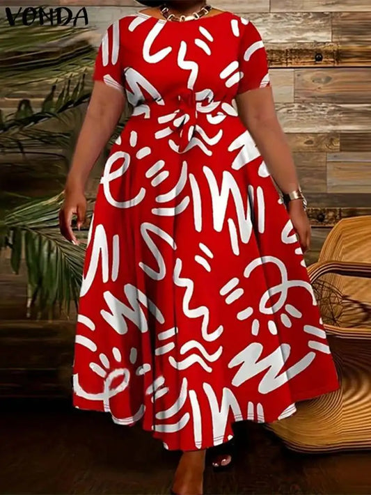 Plus Size 5XL VONDA Summer Women Dress 2025 Fashion Belted Maxi Long Party Dress Vintage Printed Sundress Casual Vestidos Robe