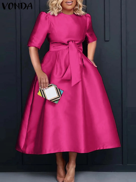 VONDA Plus Size 5XL Elegant Satin Summer Midi Dress 2025 Women Short Sleeve Vestidos Casual Belted Loose Solid Color Long Robe